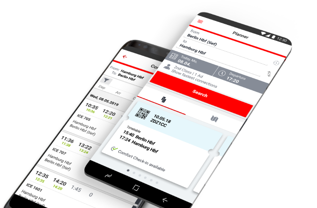 DB Navigator Schnellbuchung — drei gestackte iPhone-Mockups